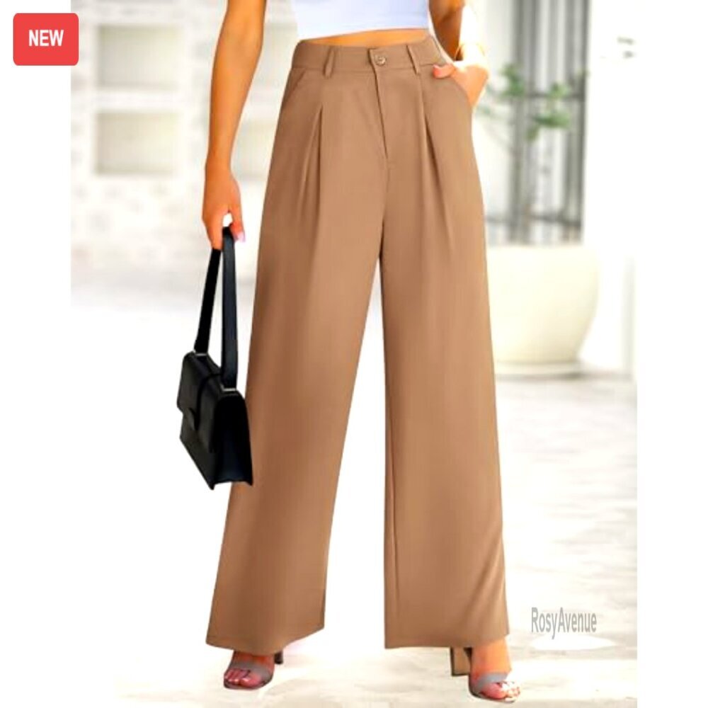 High Waist Wide Leg Palazzo Pants Casual Office Trousers with Pockets - Picture 2 of 7